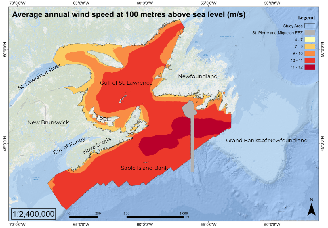 Map showing average annual wind speeds off the coast of Nova Scotia. 